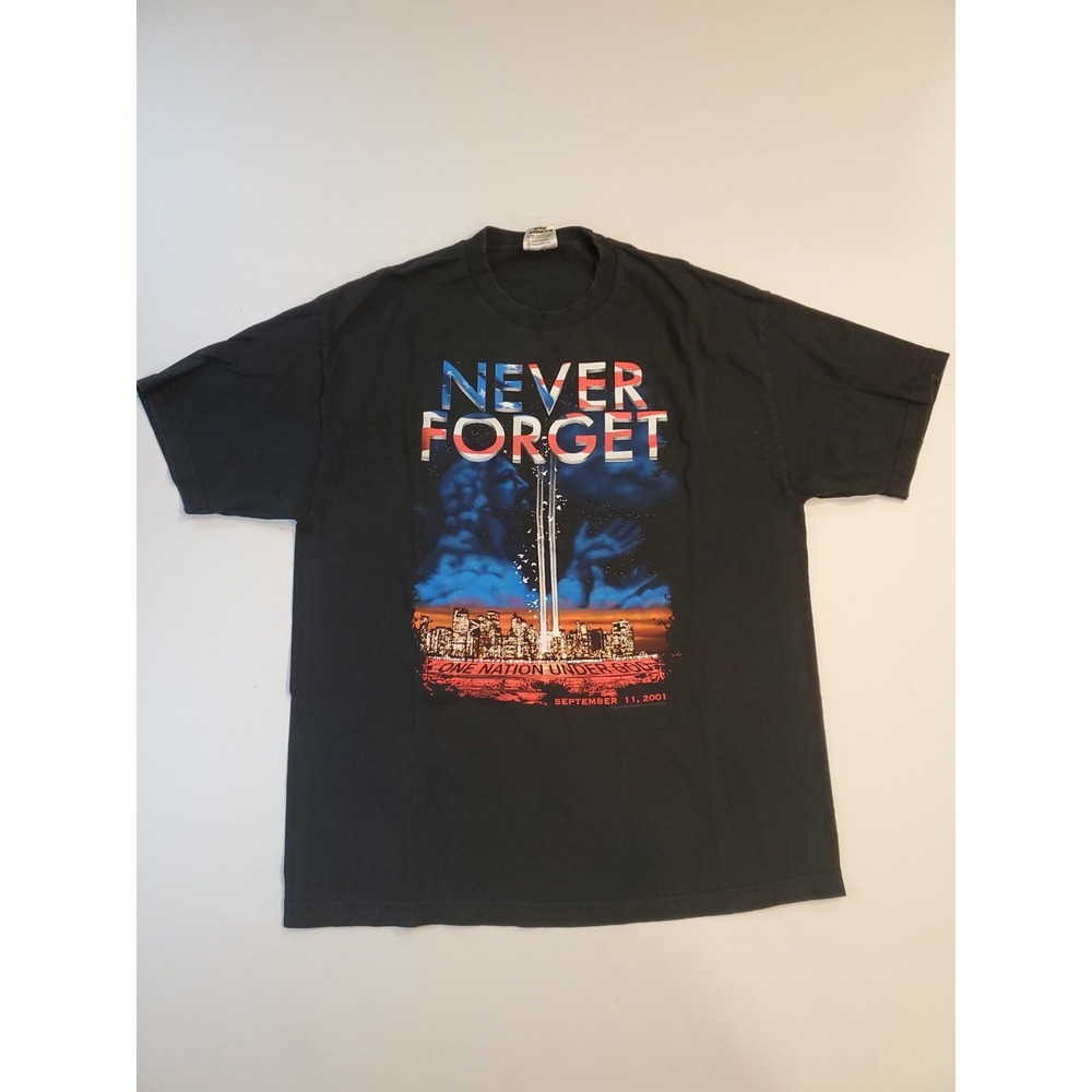 Vintage 9/11 Never Forget In Memory USA America Mens Size XL Retro Black T Shirt